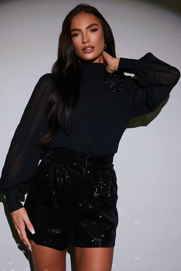 Chiffon Balloon Sleeve Detachable Corsage Blouse